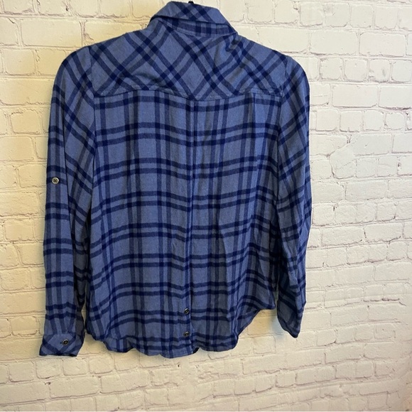 Cloth & Stone roll tab retro preppy blue plaid ladies top size XS cozy y2k - Picture 2 of 10